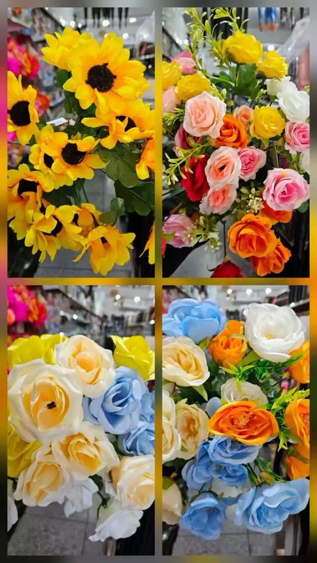 Flores artificiais: girassóis, rosas e flores azuis